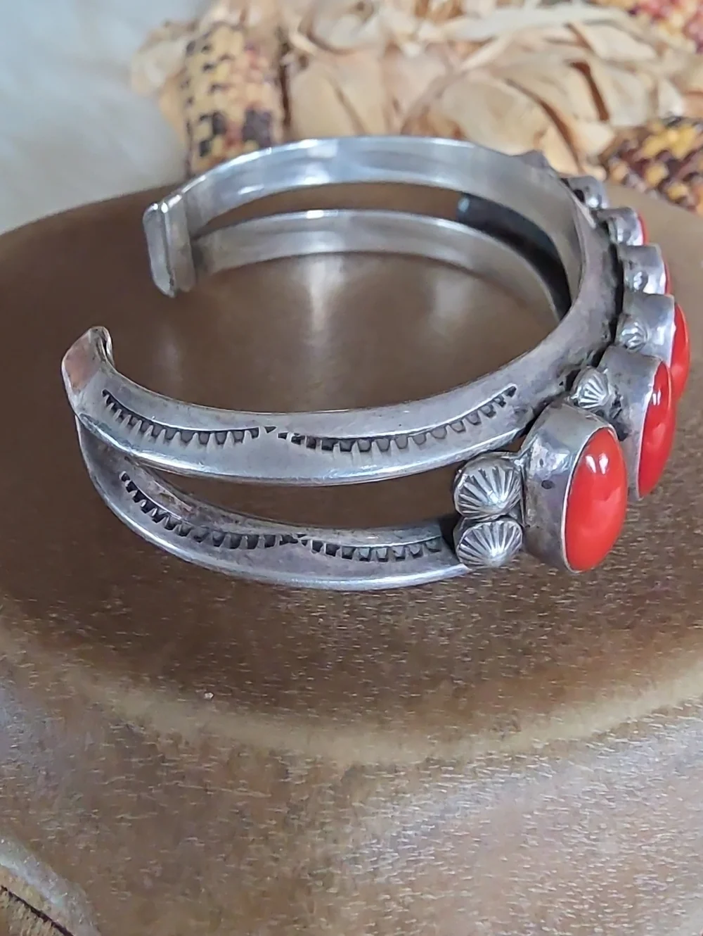 Amazing Native American Navajo Coral & Sterling Cuff By Marie Silver ❤️🎁🩶🪸